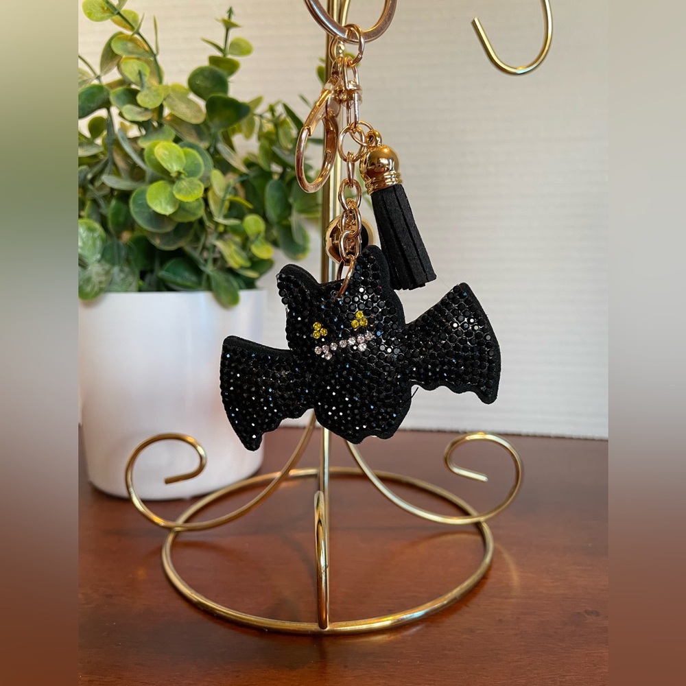 Pocketbook Charm. Black Sparkly Bat With Black Tassel And Gold Tone Ball. NWT